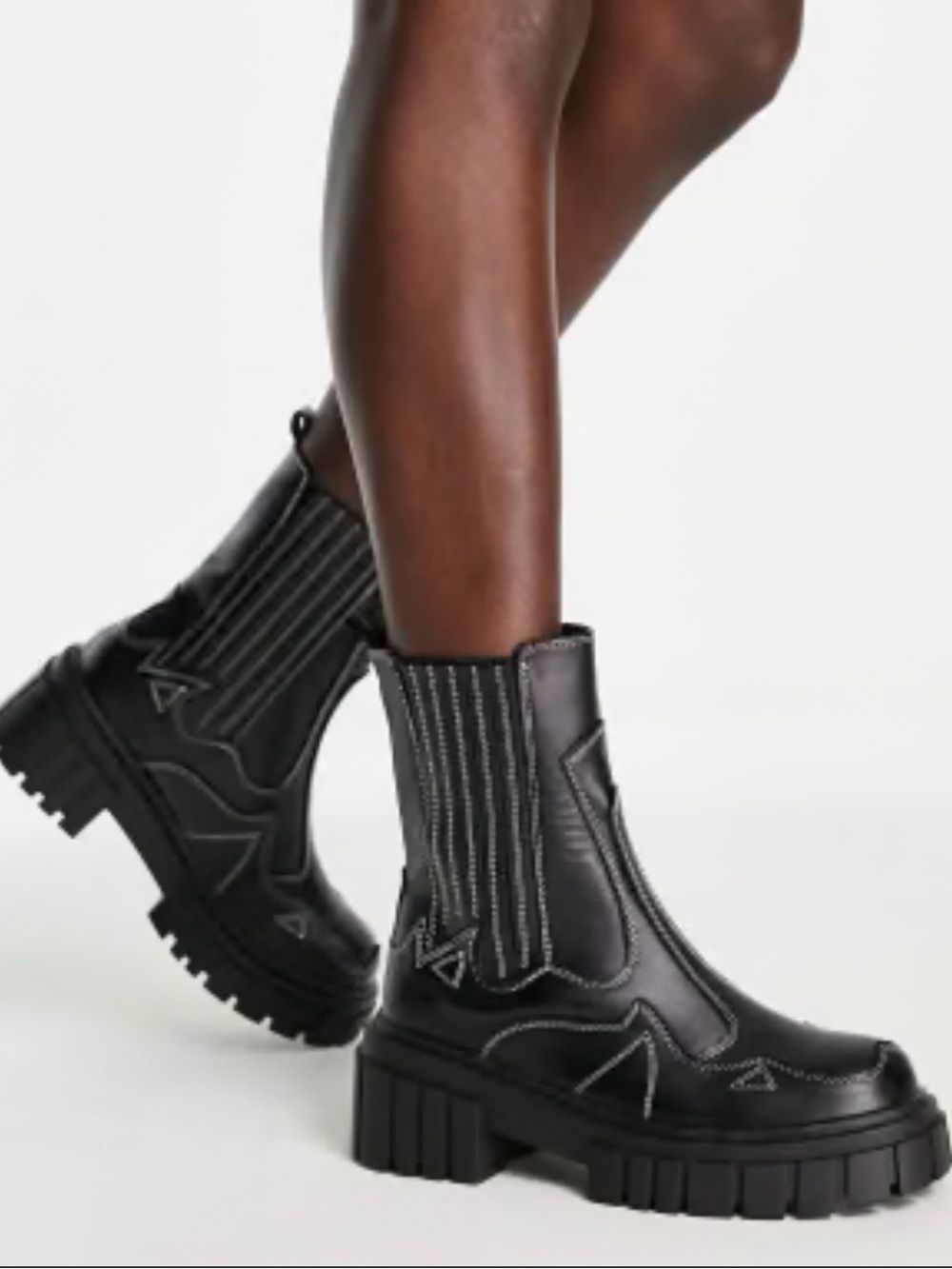 Women's Black Lug-Sole Chelsea Booties with Contrast Stitch